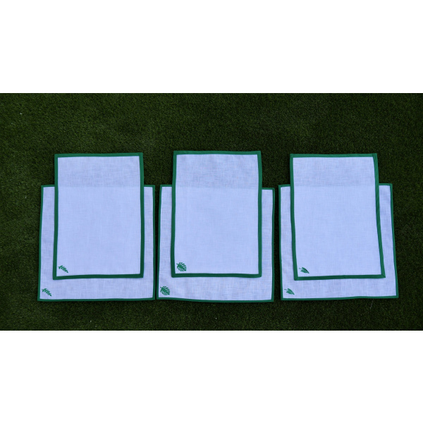 Set de mesa de lino con bies: Mantel individual y servilleta con hoja verde- Pack de 2