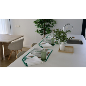 Set de mesa de lino con bies: Mantel individual y servilleta con hoja verde- Pack de 2