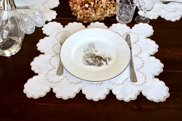 Mantel individual lino doble festón ondas neutro