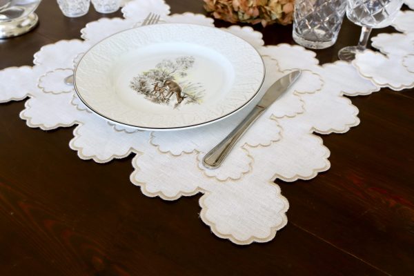 Mantel individual lino doble festón ondas neutro