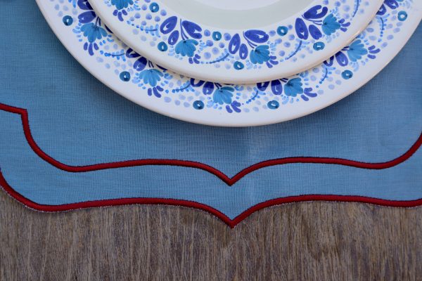 Mantel individual lino azul doble festón